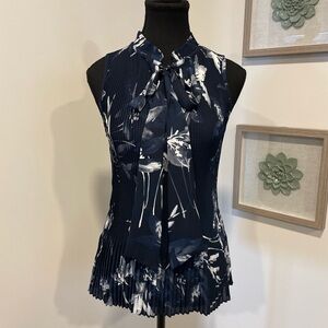 DKNY Floral Plisse Blouse With Neck-Tie EUC